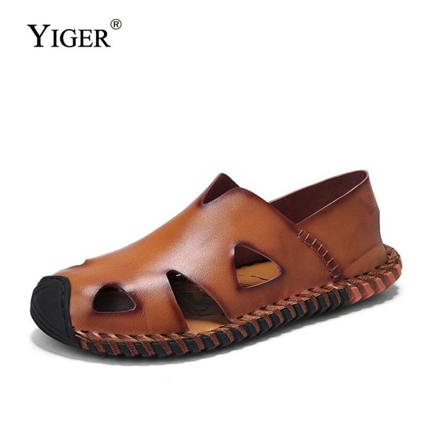 

yiger new man sandals genuine leather large size man leisure sandals men casual summer beach brown/black/yellow 0085