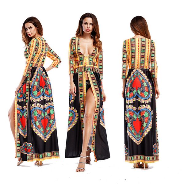

luxury vintage designer dresses women totem printed split 3/4 sleeved dark v neck long bohemian dresses fashion women casual dresses, Black;gray