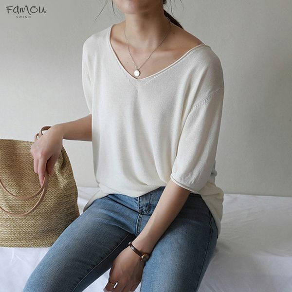 

Summer 2019 Solid Thin Knit Oversized T-Shirt For Women V-Neck Big Top Girls Casual T Shirt Basic Pullover Female Short Sleeve Solid