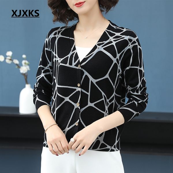 

xjxks fashion print cardigan women knit thin sweater women v-neck modis sweater 2019 spring autumn cardigans, White