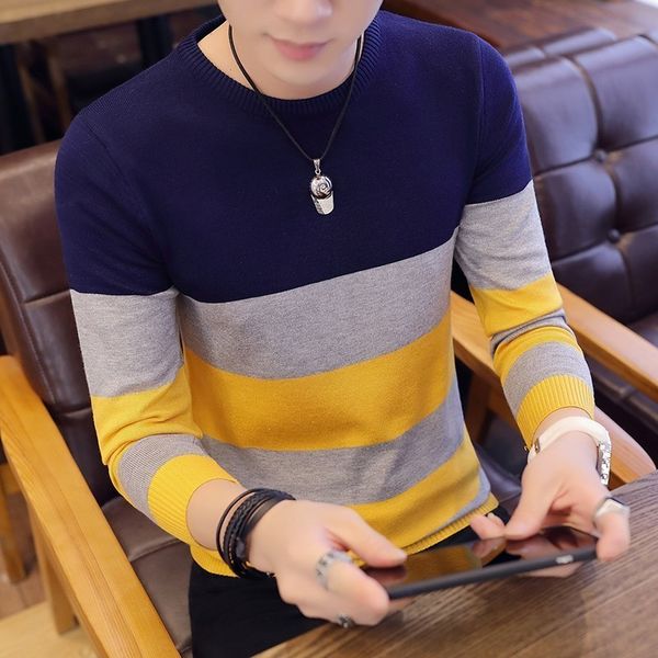 

striped sweaters and pullovers men long sleeve korea style knitted sweater pullover homme autumn warm navy coat 3xl, White;black