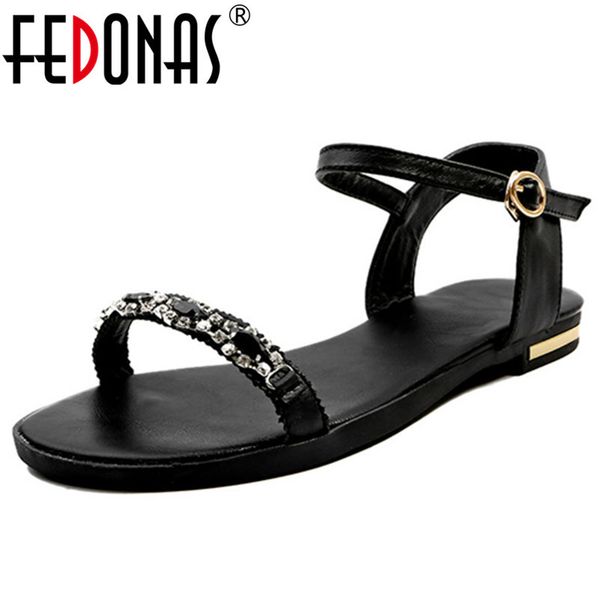 

fedonas 2019 summer new genuine leather women sandals concise sweet square heeled shoes woman blingbling party prom basic shoes, Black