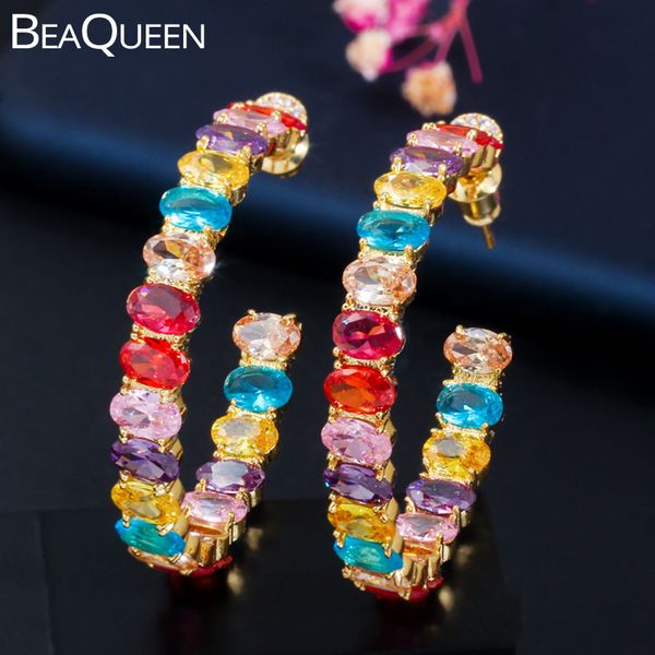 

beaqueen gorgeous желтого золота радуги цвета цветастый овальный цирконий кристалл большой круг круглый обруч серьги для женщин e347, Golden;silver