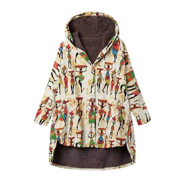 

plus size autumn winter women's hoded jacket womens winter warm outwear floral print hooded pockets vintage oversize coats, Black