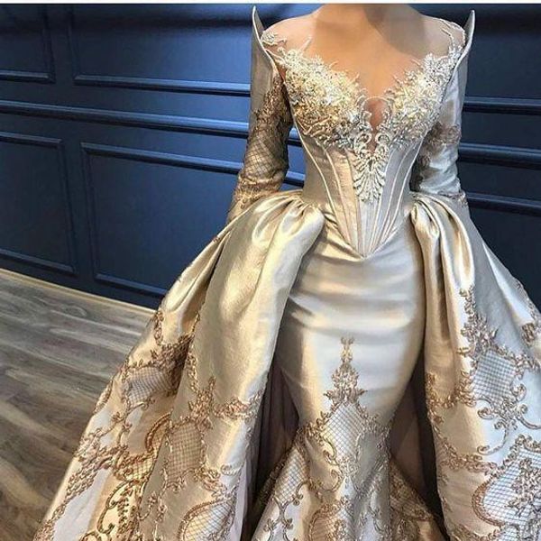 

2020 dignified golden beaded v neck mermaid prom dresses with detachable train luxury long sleeves lace appliqued evening dresses, Black