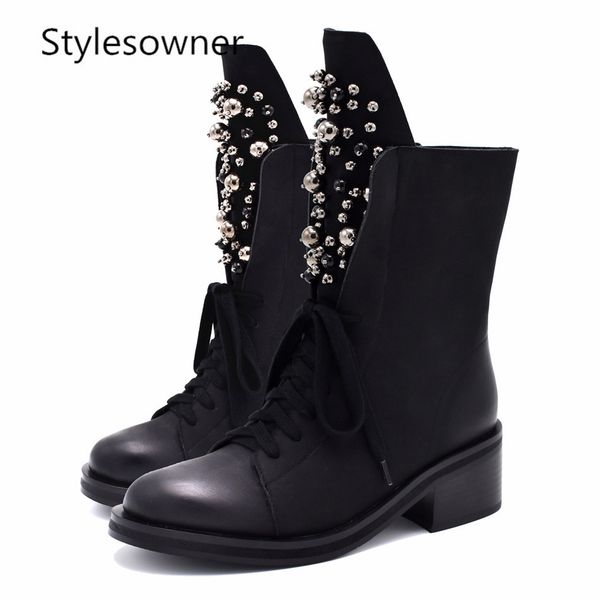 

stylesowner fashion brand winter mid calf boots women round toe square high heel snow boots lace up string bead warm shoes, Black