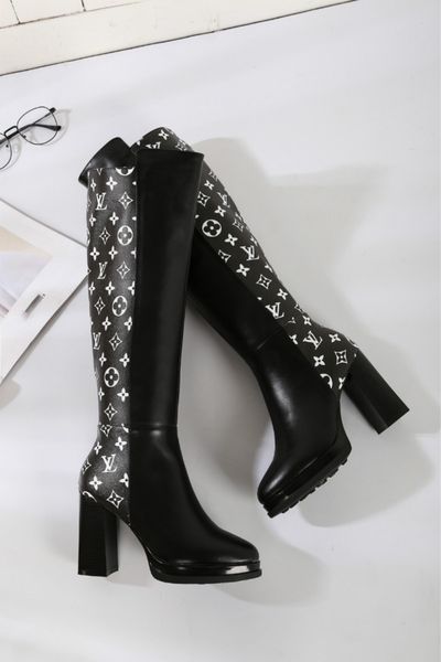 

full leather platform high heel women's boots 2019 new long boots with martin boots (with box + dust bag, Black