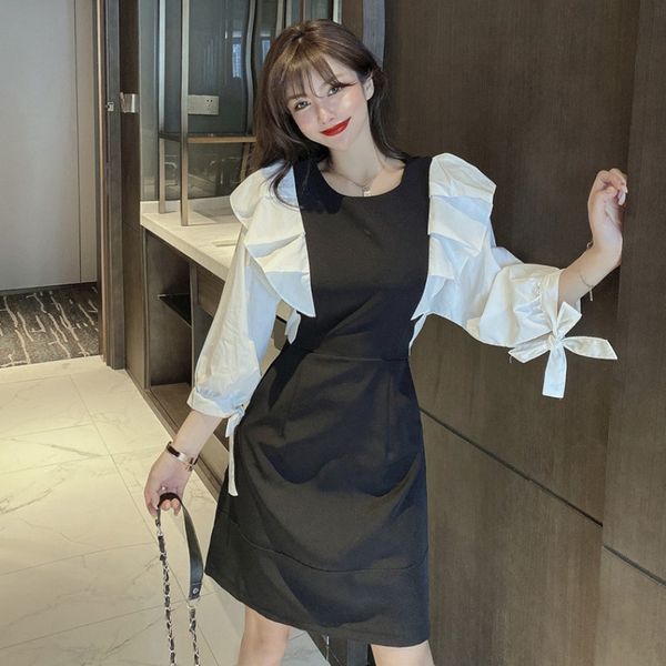 

french-style small round neck contrasting color bandage puff sleeve back zipper ruffles slim-fit waist slimming dress for women, White;black