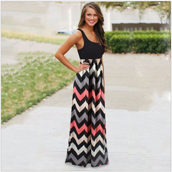 

summer womens casual dresses scoop neck high waist sleeveless panelled striped printed dresses casual women clothing, Black;gray