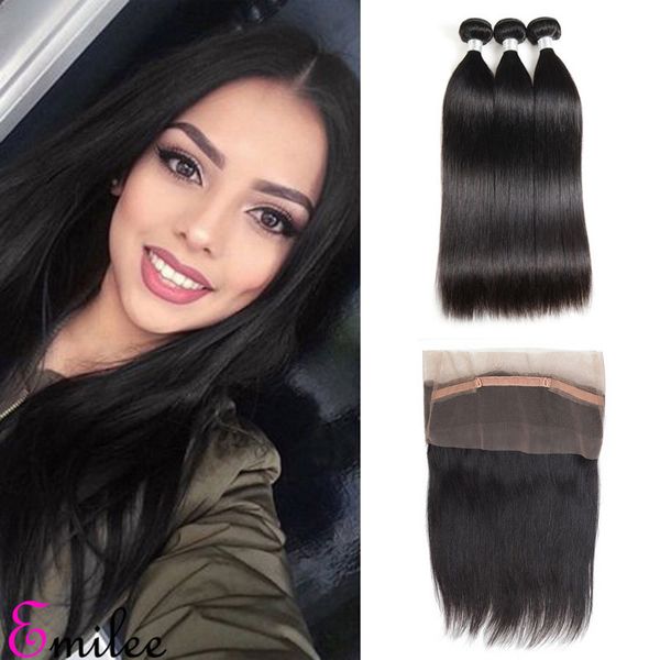 

emilee 360 full lace closure remy hair bundles part straight human hair extensions with baby hair full lace, Black