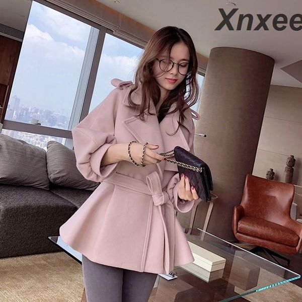 

2019 winter woman turn down collar slim elegant jackets lantern sleeve female short blends coat xnxee, Black