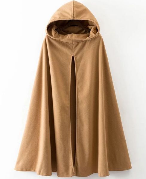 

women's autumn new vintage ethnic woolen hooded cloak coat turtle neck drop-shoulder sleeve wool cape, Black