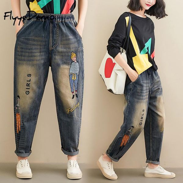 

vintage woman girls embroidery jeans 2020 spring autumn elastic waist casual streetwear female denim pants jean plus size 4xl, Blue