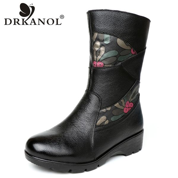 

drkanol 2018 genuine leather women snow boots mid calf plush warm shoes women printing wedge winter boots plus size 35-41, Black