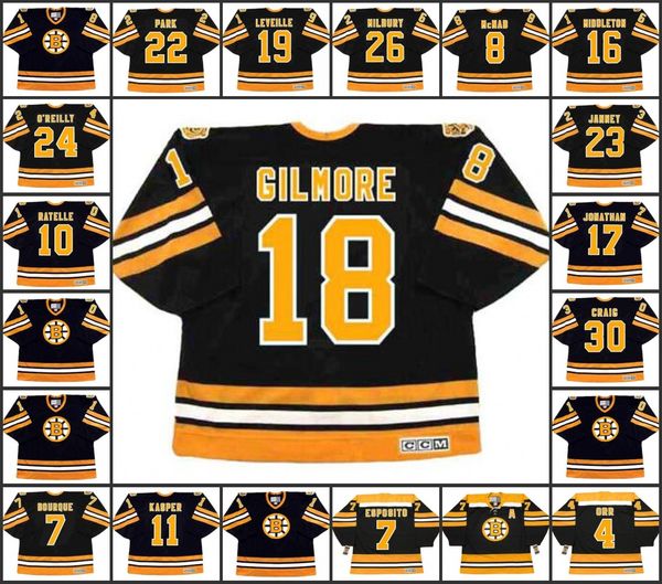 

men's 18 happy gilmore boston bruins 19 normand leveille 22 brad park 26 mike milbury janney ccm vintage black ice hockey jersey, Black;red