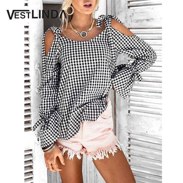 

vestlinda women blouses shirts cold shoulder tie checked classic plaid shirts ins fashion streetwear female 2019 new, White