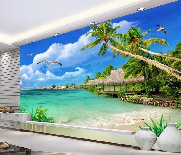 Sfondo fotografico personalizzato 3D Abstract Hotel Hotel View Sea View Coconut Tree Sfondo Murale Pittura Murale Soggiorno Soggiorno Sofà Tv Sfondo