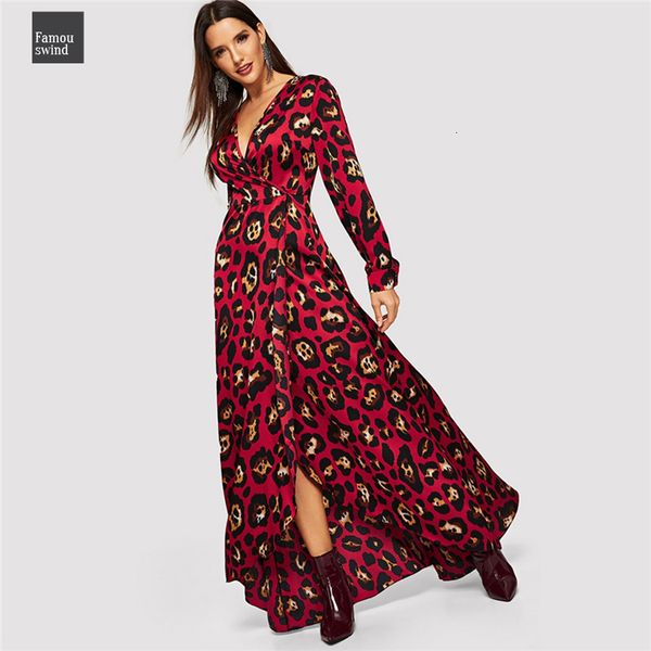 

v шеи платье 2019 леопардовый стихарь wrap рождество женщины весна длинным рукавом платья макси корейский элегантное платье, Black;gray