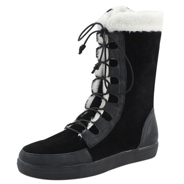 

sagace shoes winter women snow boots suede round toe flat shoes keep warm lace-up short boots mid tube for women, Black