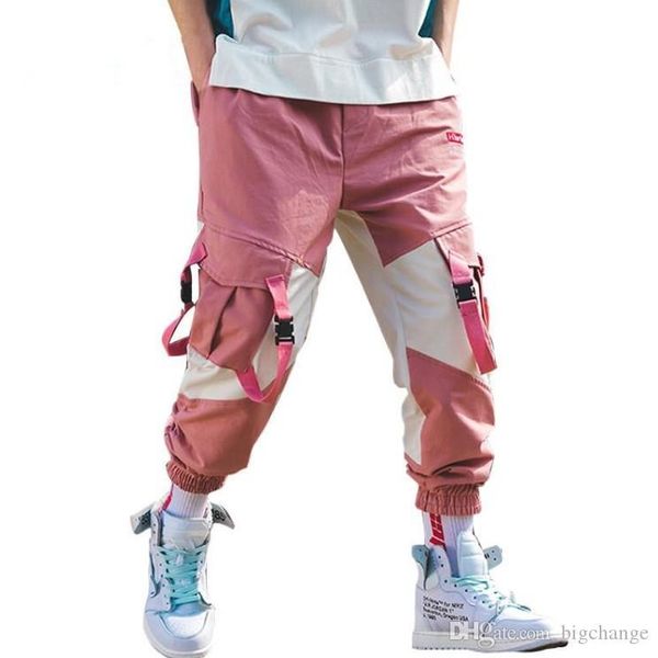 

men streetwear belt cargo pants harajuku color block joggers pants casual 2019 hip hop overalls mens fashions sweatpants baggy, Black