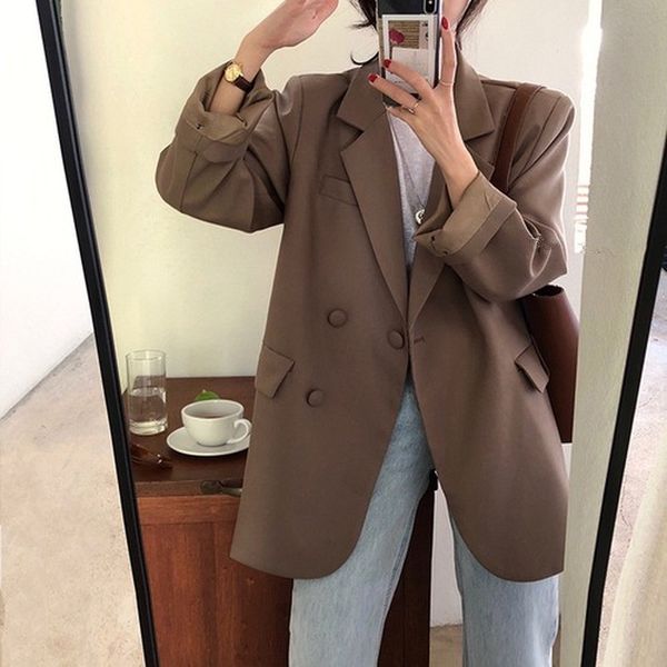 

women's spring summer fashion loose double-breasted temperament suit jacket womens jackets and coats blazer mujer, White;black