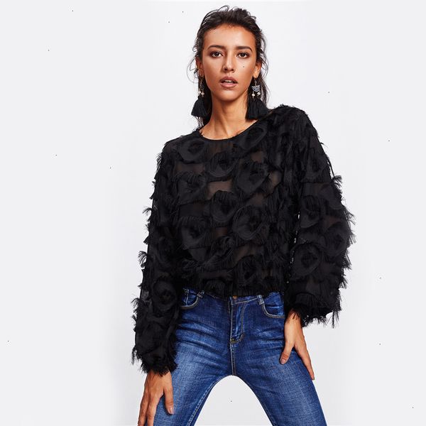 

designer women blouses fringe patch mesh autumn womens and blouses long sleeve round neck elegant womens, White