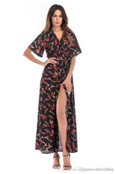 

летний цветочный сплит женщины платья глубокий v шеи с коротким рукавом свободные платья бич причинная прохладный платье, Black;gray