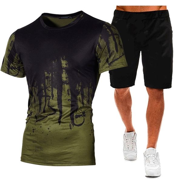 

2020 new men's fashion sports fitness personalized printed t-shirt summer men thin short sleeve t-shirt shorts set, Gray