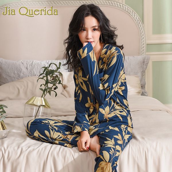 

j&q pajama cotton plush lady home wear women pyjamas set 2019 spring plus size floral printing women pyjamas fashion loungewear, Blue;gray