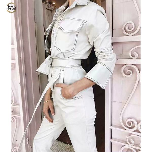 

2019 new womens clothing cool long sleeve sashes jumpsuits turn down collar pockets casual solid playsuits for female, Black;white