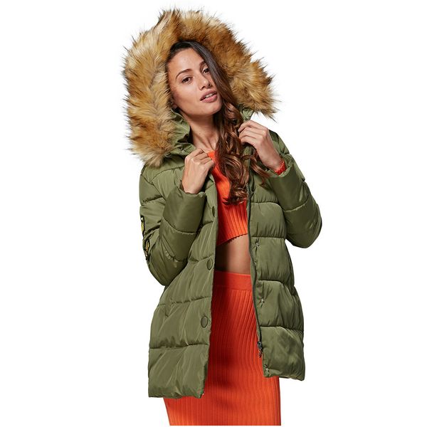 

women's down & parkas chic hooded fur collar pure color zipper women coat, Black