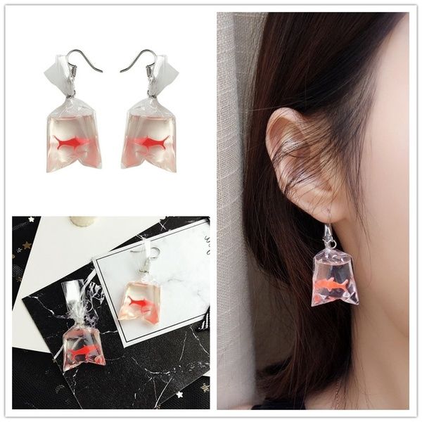 

fashion jewelry cute personality goldfish charm earrings long for women novelty water bag shape dangle hook, Golden