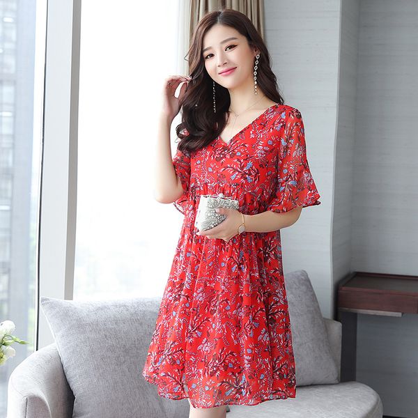 

2018 summer wear нового стиля chubby большого размера одежда обложка живот тибетское мясо флористика печать по возрасту похудение шифонового, Red