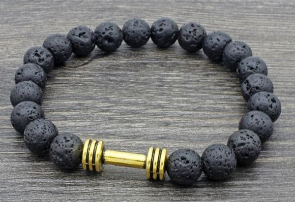 

8mm gold silver dumbbell it5354 reiki buddha tu3 yoga elastic thread adjusted black volcanic lava stone bead bracelet bangles
