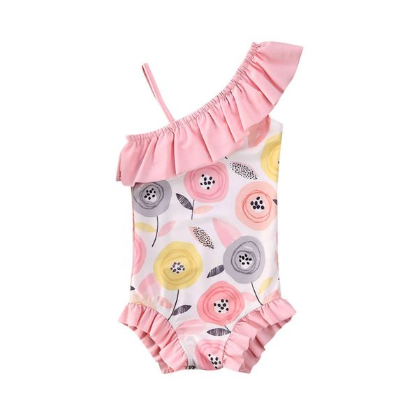 

focusnorm 1-5 years kid baby girl one shoulder print floral swimwear one-piece swimsuit outfit beachwear, Blue