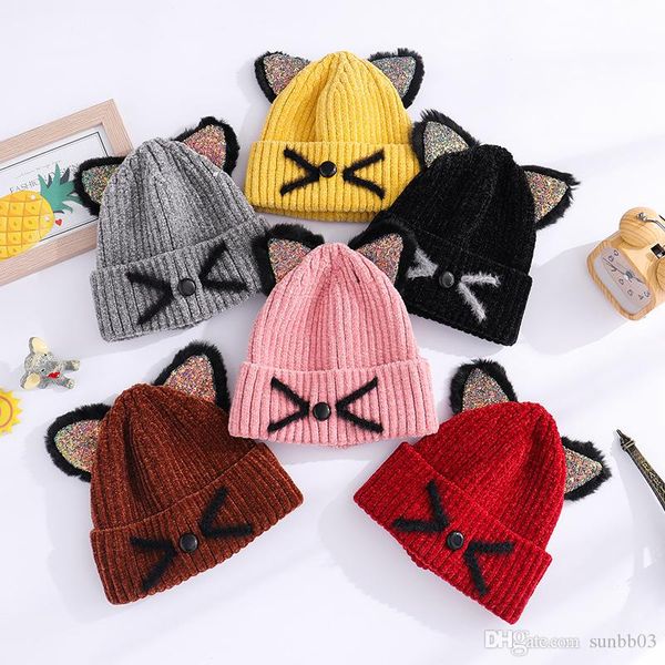 Nuovo autunno inverno capretto neonate ragazzi cappello lavorato a maglia orecchie di gatto del fumetto bambini berretti lavorati a maglia berretti con teschio bambini cappelli caldi A696