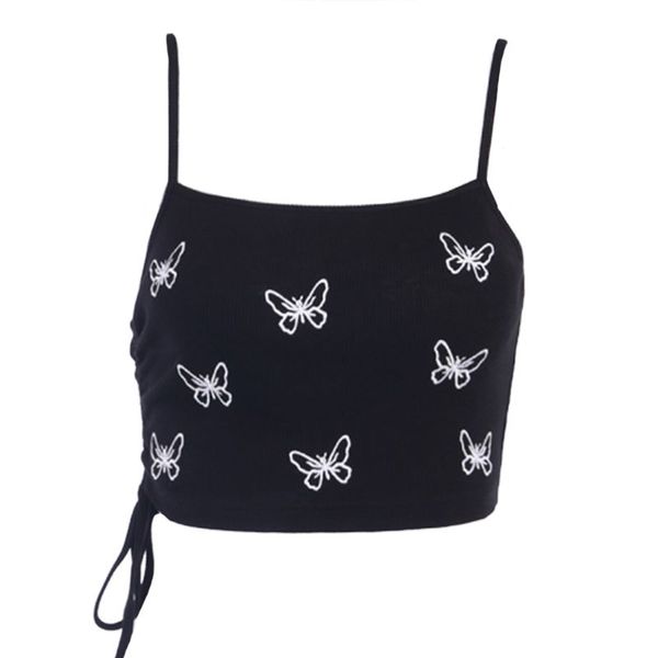 

women harajuku punk crop butterflies print spaghetti strap camisole ruched drawstring ribbed knit clubwear, Gray;blue