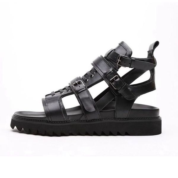 

2020 Italian New Cow Real Leather High Top Men Beach Sandals Thick Platform Lace Up Buckle Strap Hollow Out Punk Gladiator Shoes