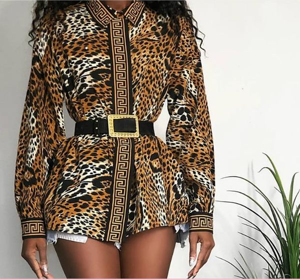

women designer leopard print shirts fashion double button long sleeve lapel neck blouses casual contrast color shirt women clothing, White