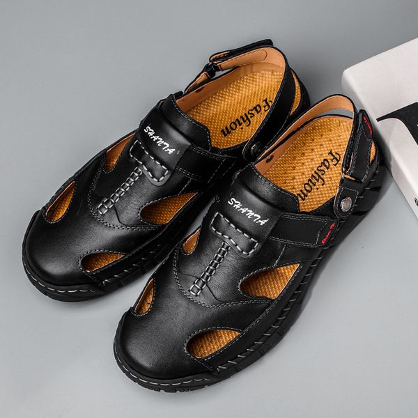 

genuine leather men's sandals summer casual shoes outdoor beach sandals comfortable mens shoes classic roman slippers size 38-48, Black