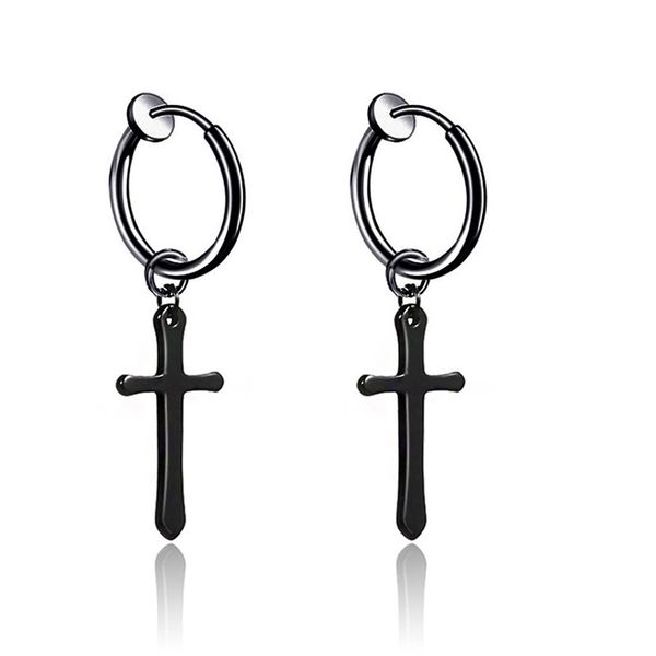

unique titanium steel hoop earring drop dangle earring cross ear clip with cross pendant hanging ornament, Golden;silver