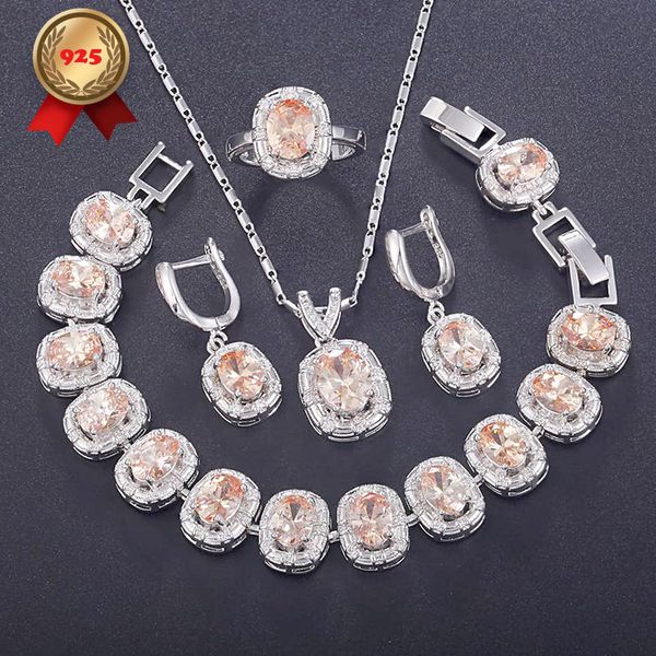 

champagne silver 925 wedding jewelry sets for women cubic zirconia necklace earrings ring pendant bracelets with gift box