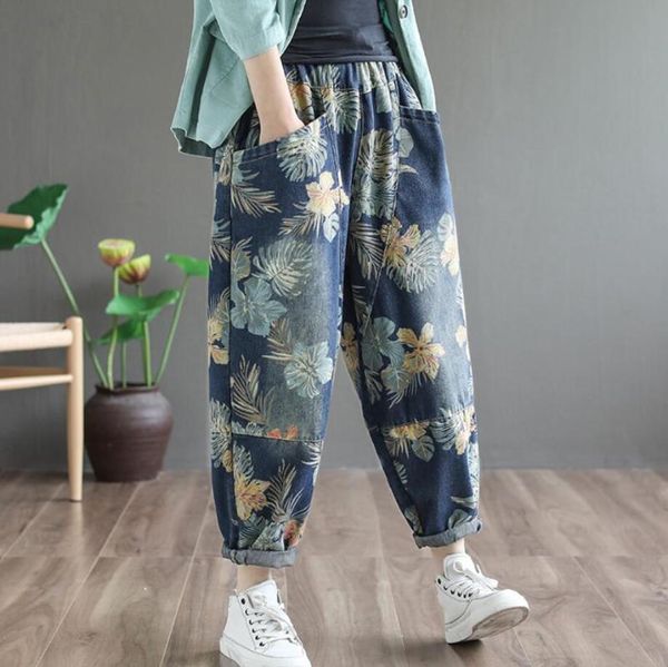 

vintage printed harem pants jeans women literary loose elastic waist cotton pocket denim pants plus size r1161, Blue