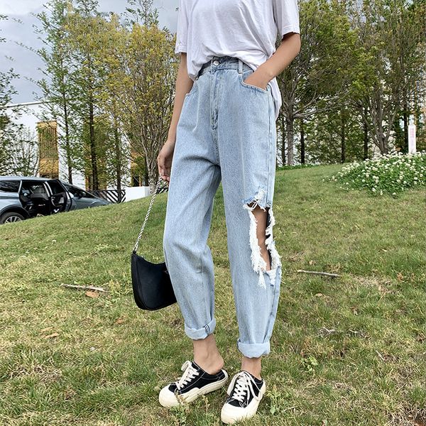 

ripped jeans for women plus size high waist jeans mom denim pants washed vintage loose straight casual 2020 summer fashion new, Blue