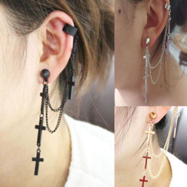 

1 pcs new rainbow rock punk crosses tassel chain ear wrap cuff drop earring boucle d'oreille plume, Silver