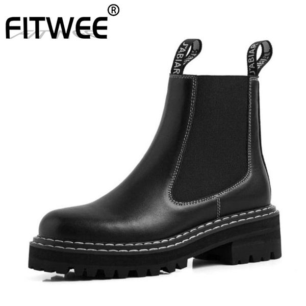 

fitwee women ankle boots real leather winter add fur keep warm flats shoes women black round toe casual short boots size 34-40