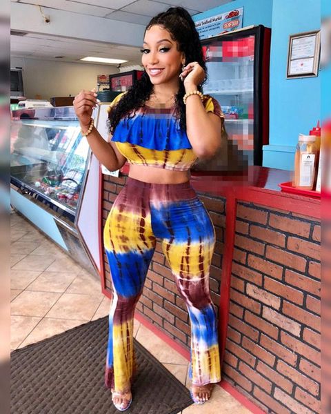 

расклешенные брюки + укороченные топы женский повседневный набор летняя мода галстук краситель печати оборками футболка и узкие широкие брюк, White