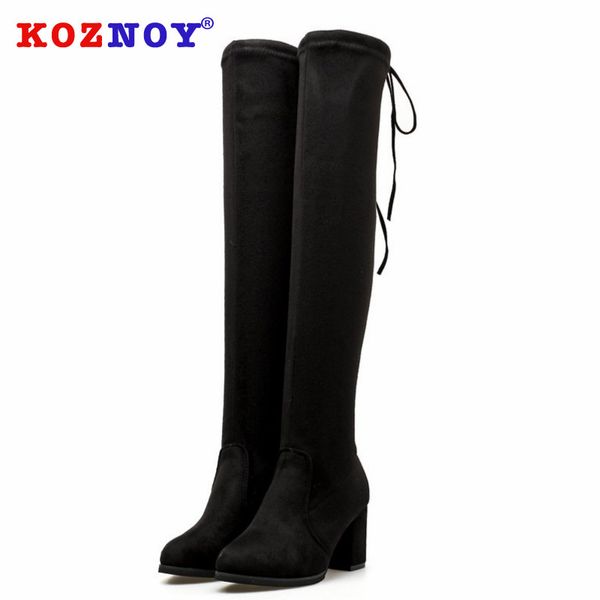 

koznoy women boots winter pointed toe dropshipping fashion over the knee high heel slip solid breathable square heel women boots, Black