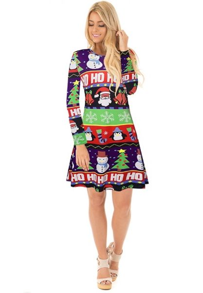 

christmas cartoon print green bottom colour red pattern one-piece dress, Black;gray