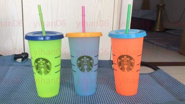 

бпа бесплатно! стаканчики с изменяющимся цветом 24 унции волшебная пластиковая чашка для питья с крышкой и соломой конфеты окрашивают волшеб